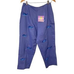 CJ Laing Purple Linen Pants Whale Novelty Print Embroidery Size 12 NWT